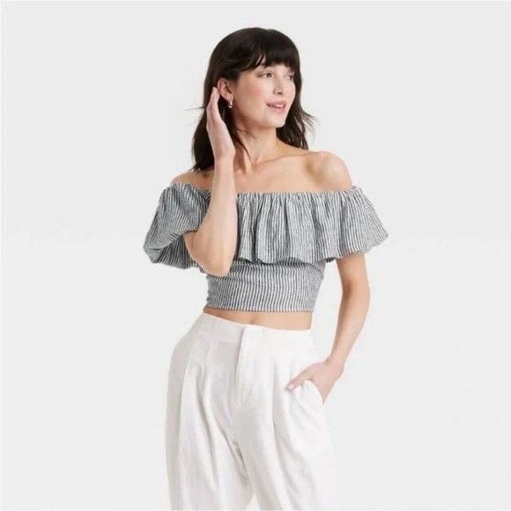 NWT Women's Slim Fit Ruffle Sleeve Off the Shoulder Linen Shirt Black/White XXL